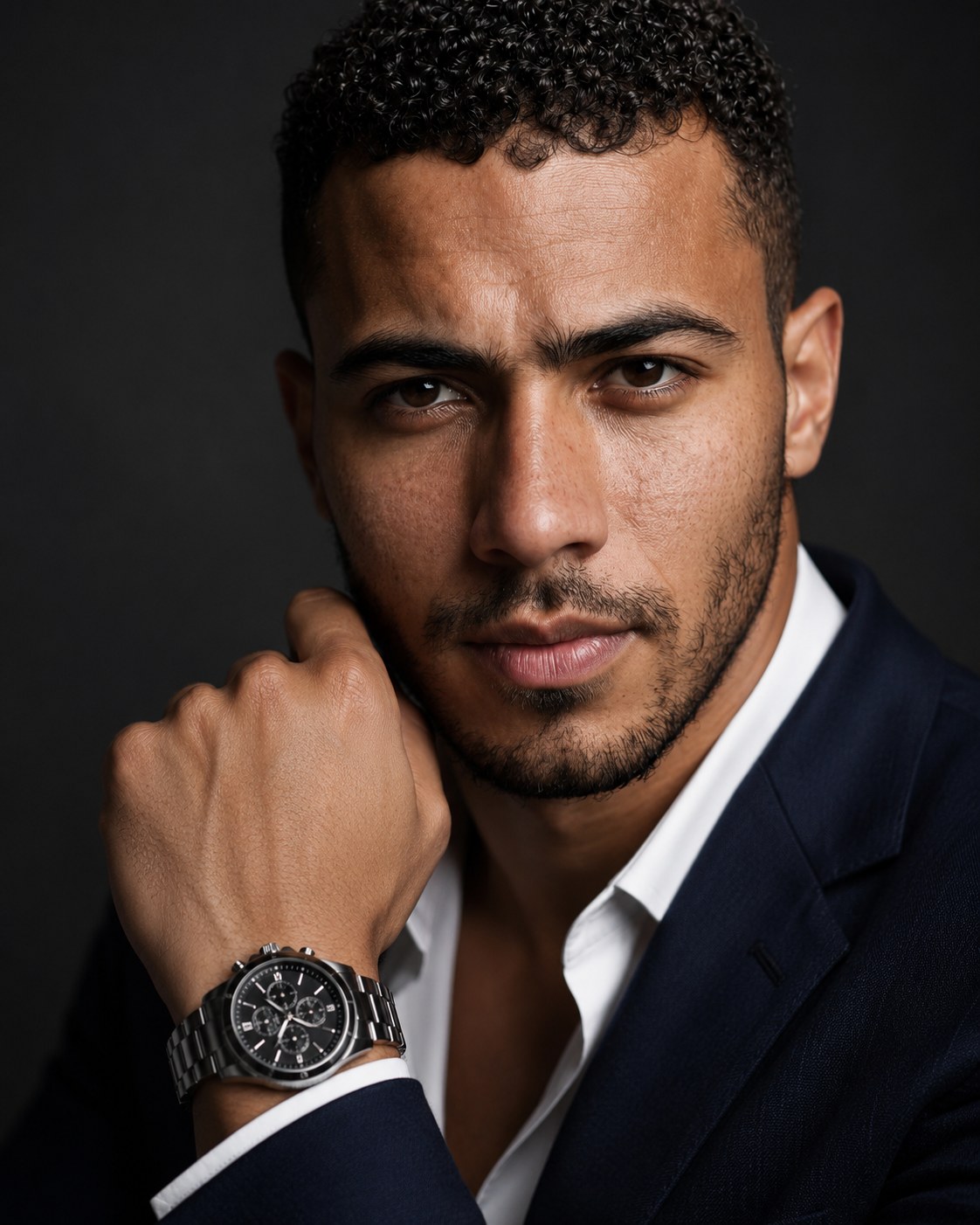 Jordan, AI-generated male model in a navy tailored suit and open-collar white shirt, wearing a steel chronograph watch, close-up portrait against a dark studio background